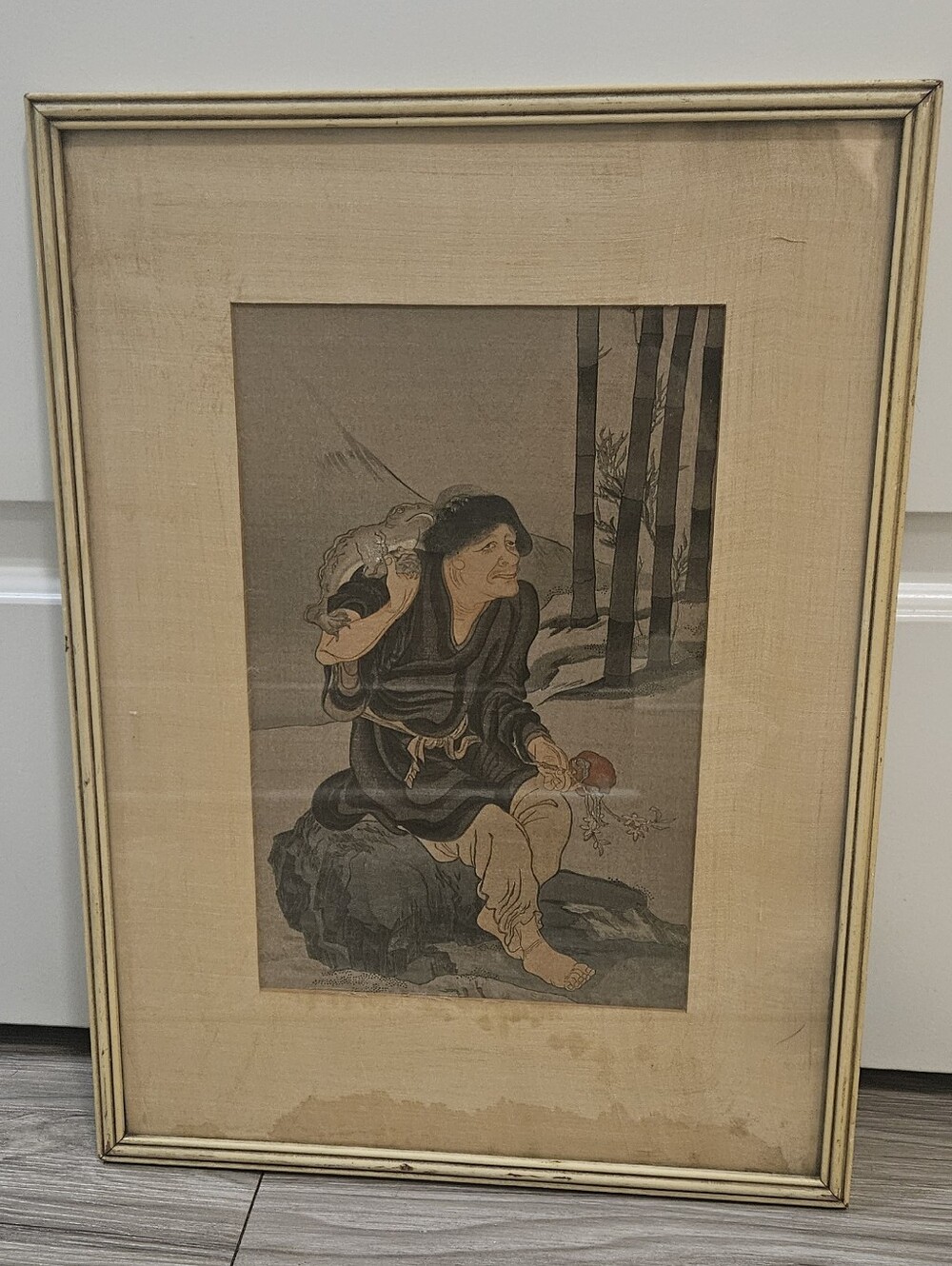 Antique Taisho-Era Japanese Woodblock Print -"Hermit and Bullfrog" after Ganki